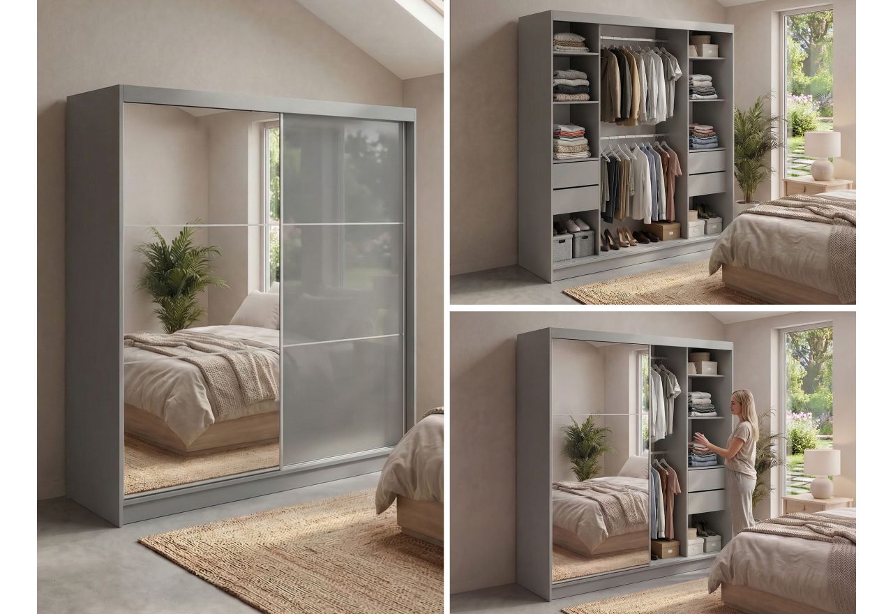 Szafa przesuwna WALENCJA 200 cm - szary z lustrem +  4 szuflady