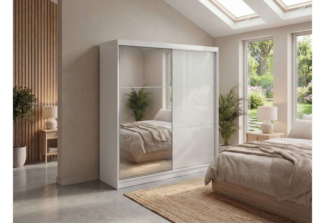Szafa przesuwna WALENCJA 200 cm - biały z lustrem +  4 szuflady