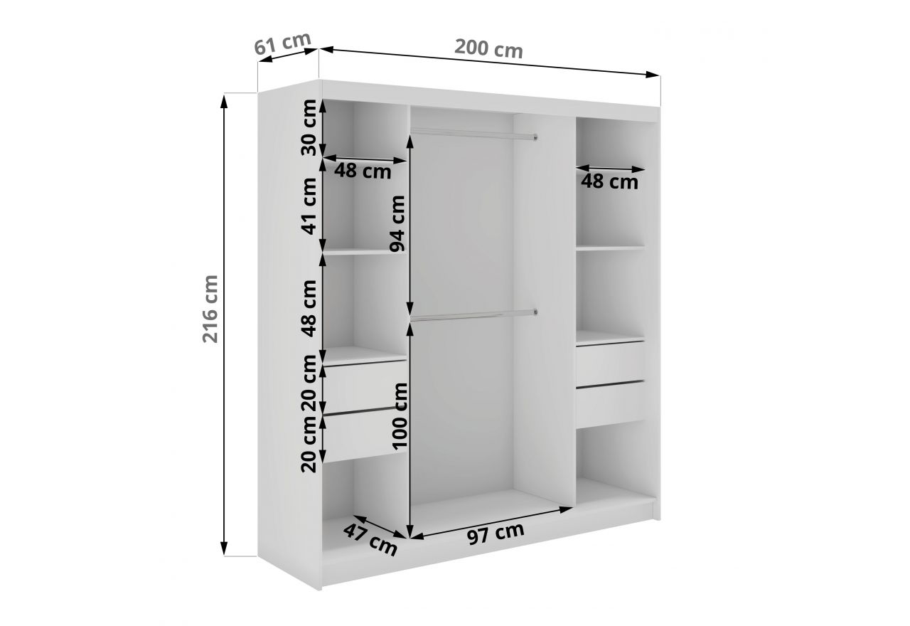 Szafa przesuwna WALENCJA 200 cm - biały z lustrem +  4 szuflady
