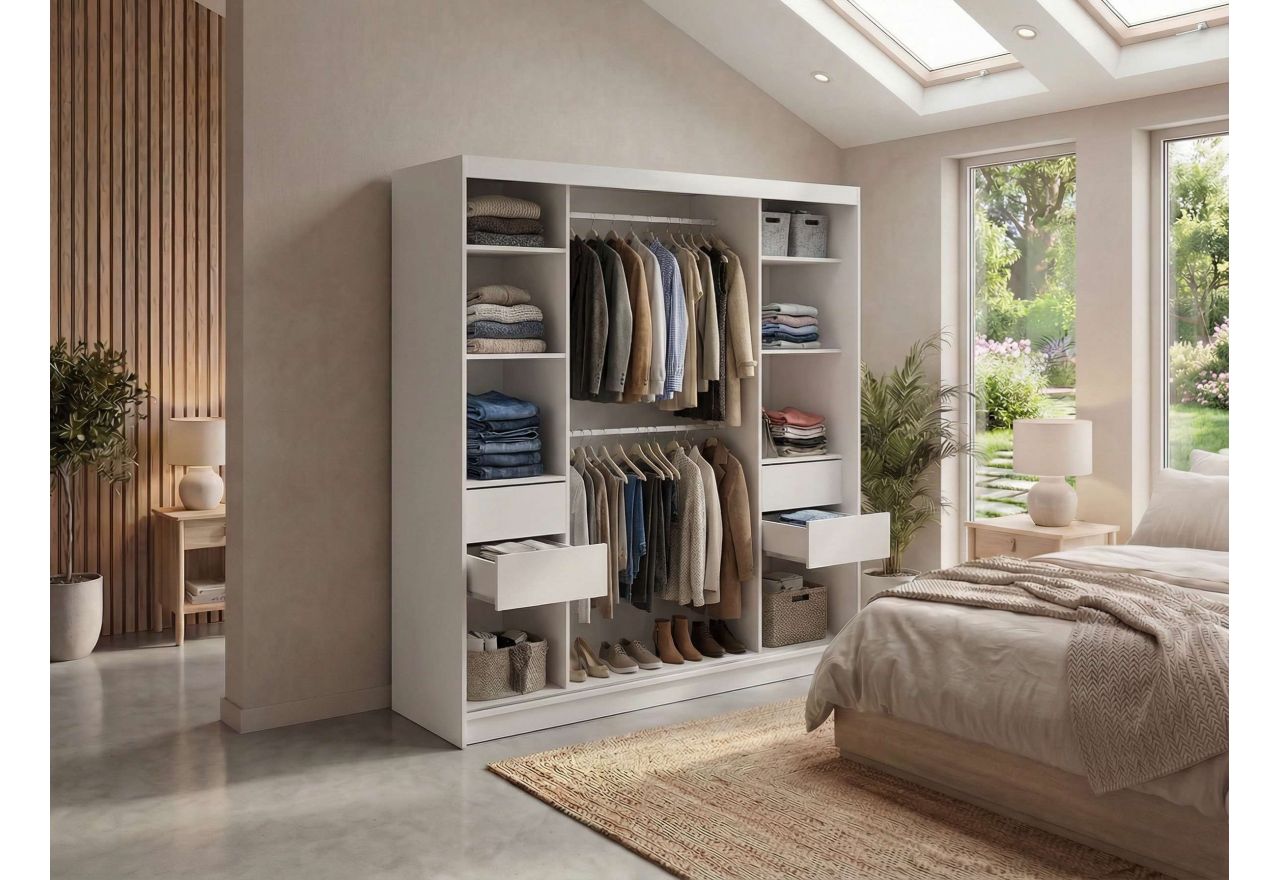 Szafa przesuwna WALENCJA 200 cm - biały z lustrem +  4 szuflady