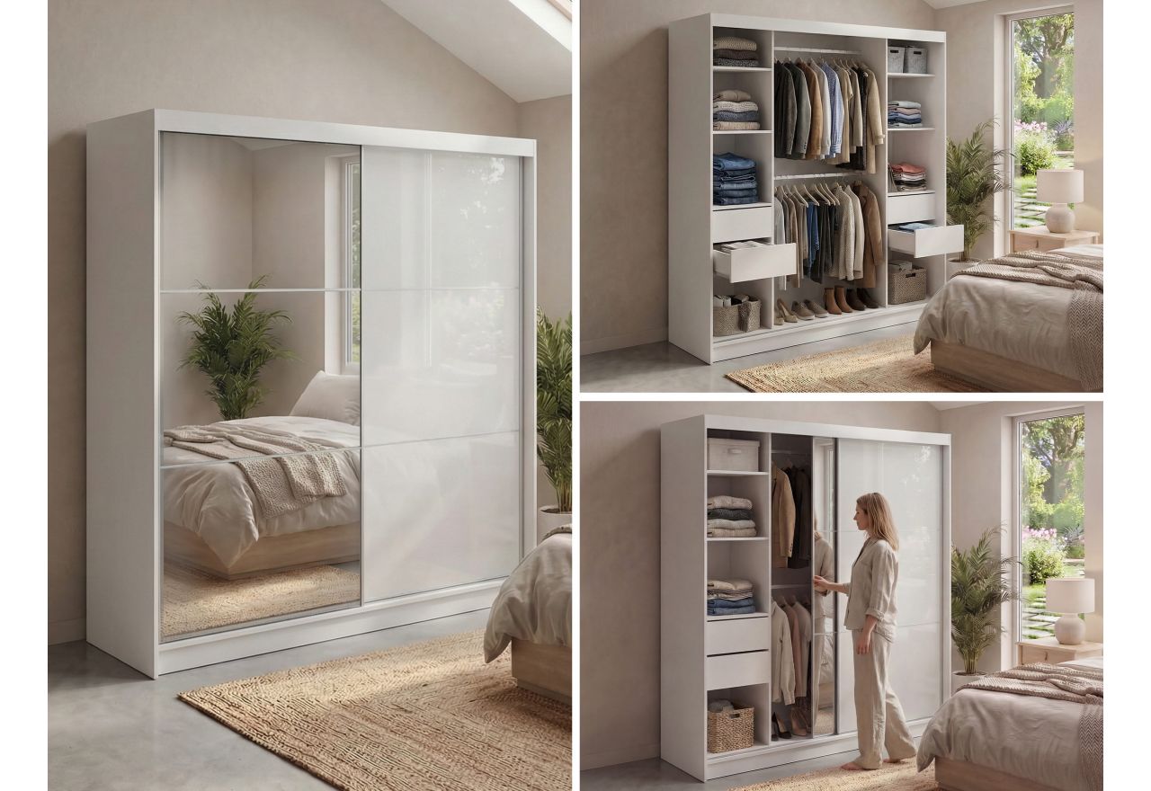 Szafa przesuwna WALENCJA 200 cm - biały z lustrem +  4 szuflady