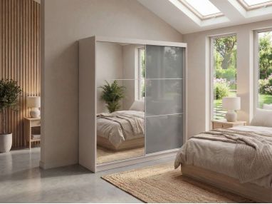 Szafa przesuwna WALENCJA 200 cm - kaszmir/szary z lustrem +  4 szuflady