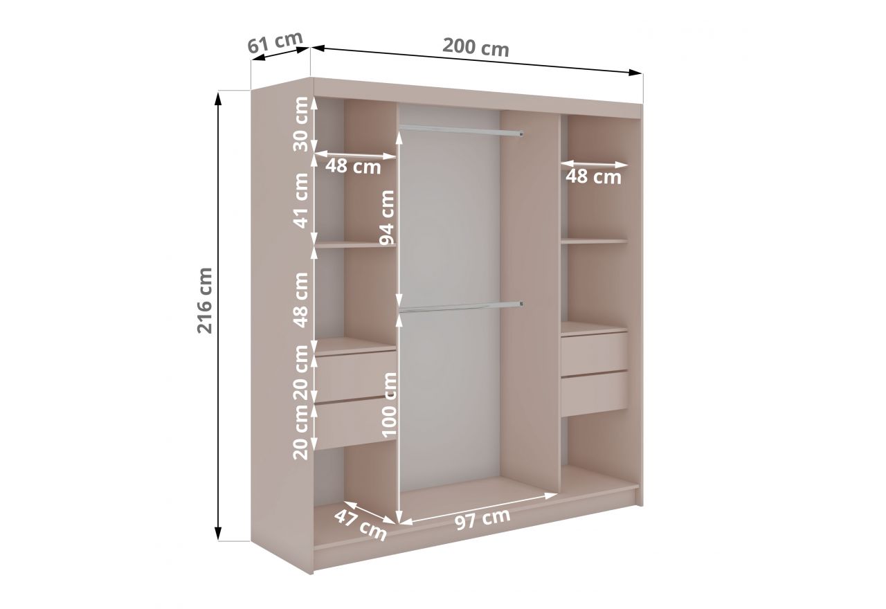 Szafa przesuwna WALENCJA 200 cm - kaszmir/szary z lustrem +  4 szuflady