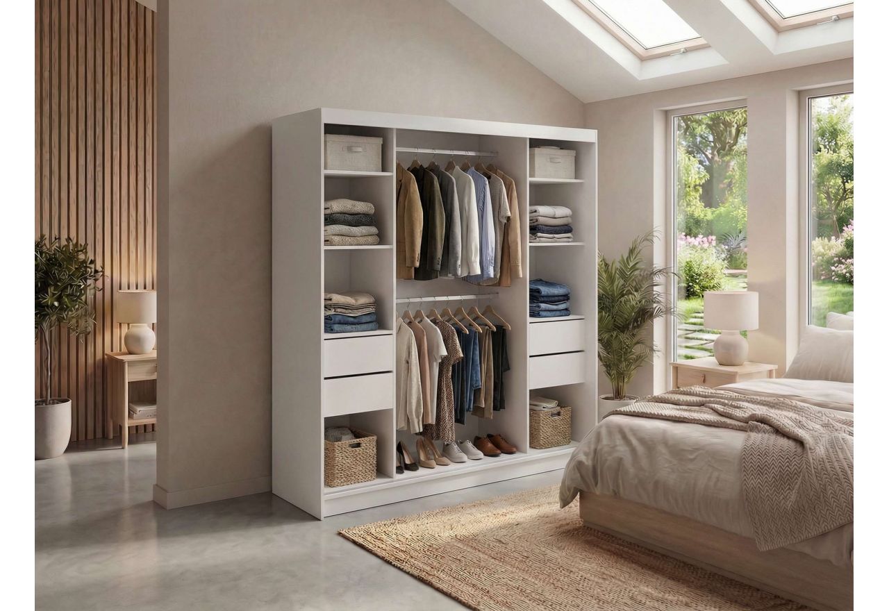 Szafa przesuwna WALENCJA 200 cm - kaszmir/szary z lustrem +  4 szuflady