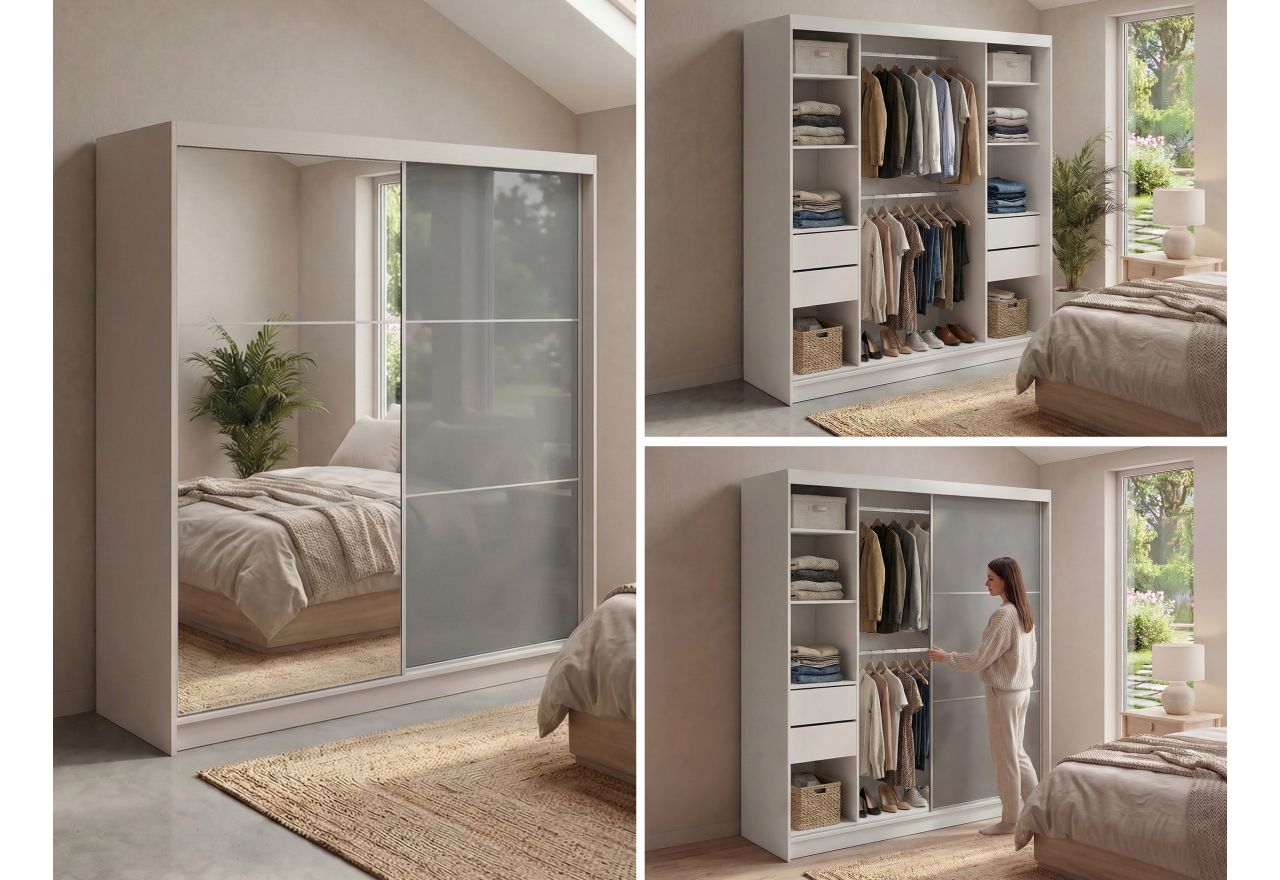 Szafa przesuwna WALENCJA 200 cm - kaszmir/szary z lustrem +  4 szuflady