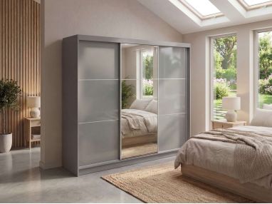 Szafa przesuwna WALENCJA 240 cm - szary z lustrem +  4 szuflady