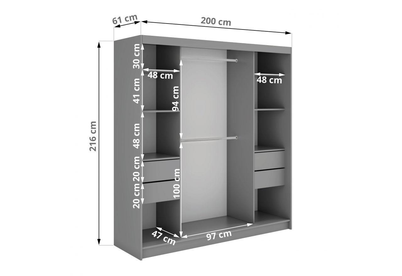 Szafa przesuwna WALENCJA 240 cm - szary z lustrem +  4 szuflady