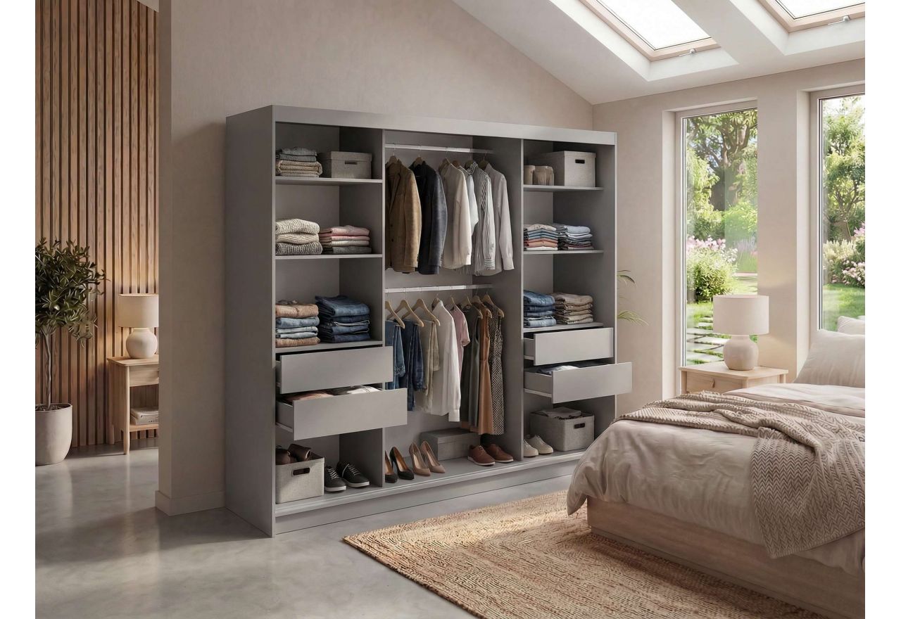 Szafa przesuwna WALENCJA 240 cm - szary z lustrem +  4 szuflady