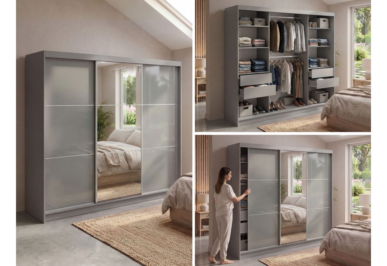 Szafa przesuwna WALENCJA 240 cm - szary z lustrem +  4 szuflady