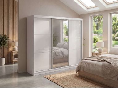 Szafa przesuwna WALENCJA 240 cm - biały z lustrem +  4 szuflady