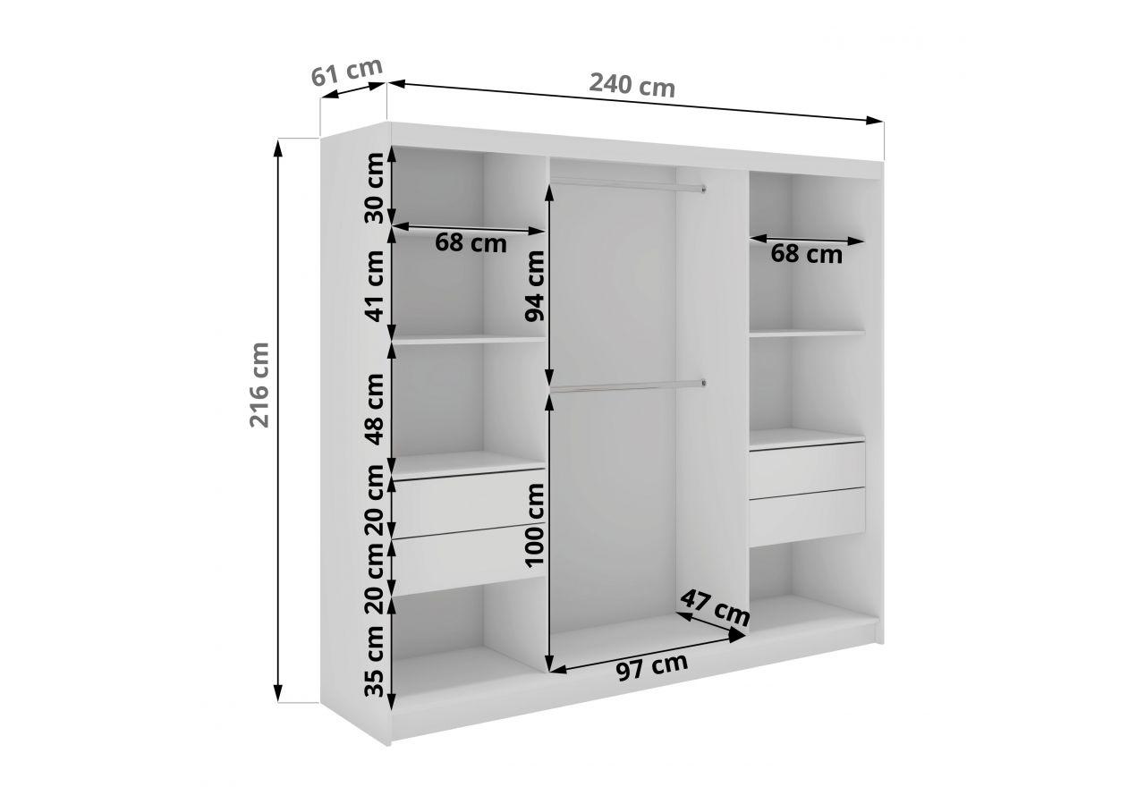 Szafa przesuwna WALENCJA 240 cm - biały z lustrem +  4 szuflady
