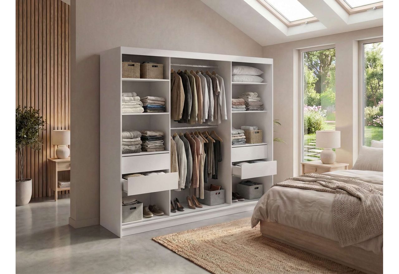 Szafa przesuwna WALENCJA 240 cm - biały z lustrem +  4 szuflady