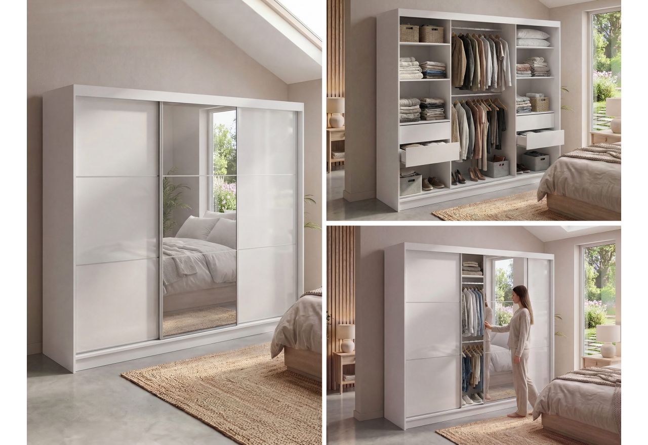 Szafa przesuwna WALENCJA 240 cm - biały z lustrem +  4 szuflady