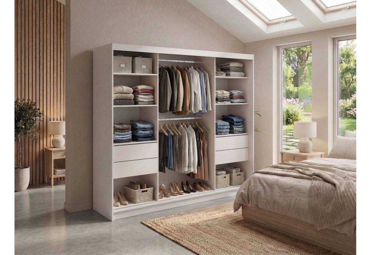 Szafa przesuwna WALENCJA 240 cm - kaszmir/szary z lustrem +  4 szuflady