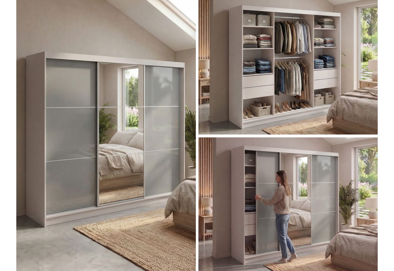 Szafa przesuwna WALENCJA 240 cm - kaszmir/szary z lustrem +  4 szuflady