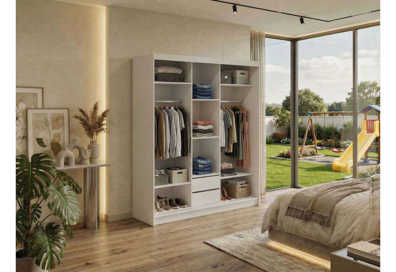 Szafa przesuwna DUBROWNIK 180 cm - biały z lustrem + 2 szuflady