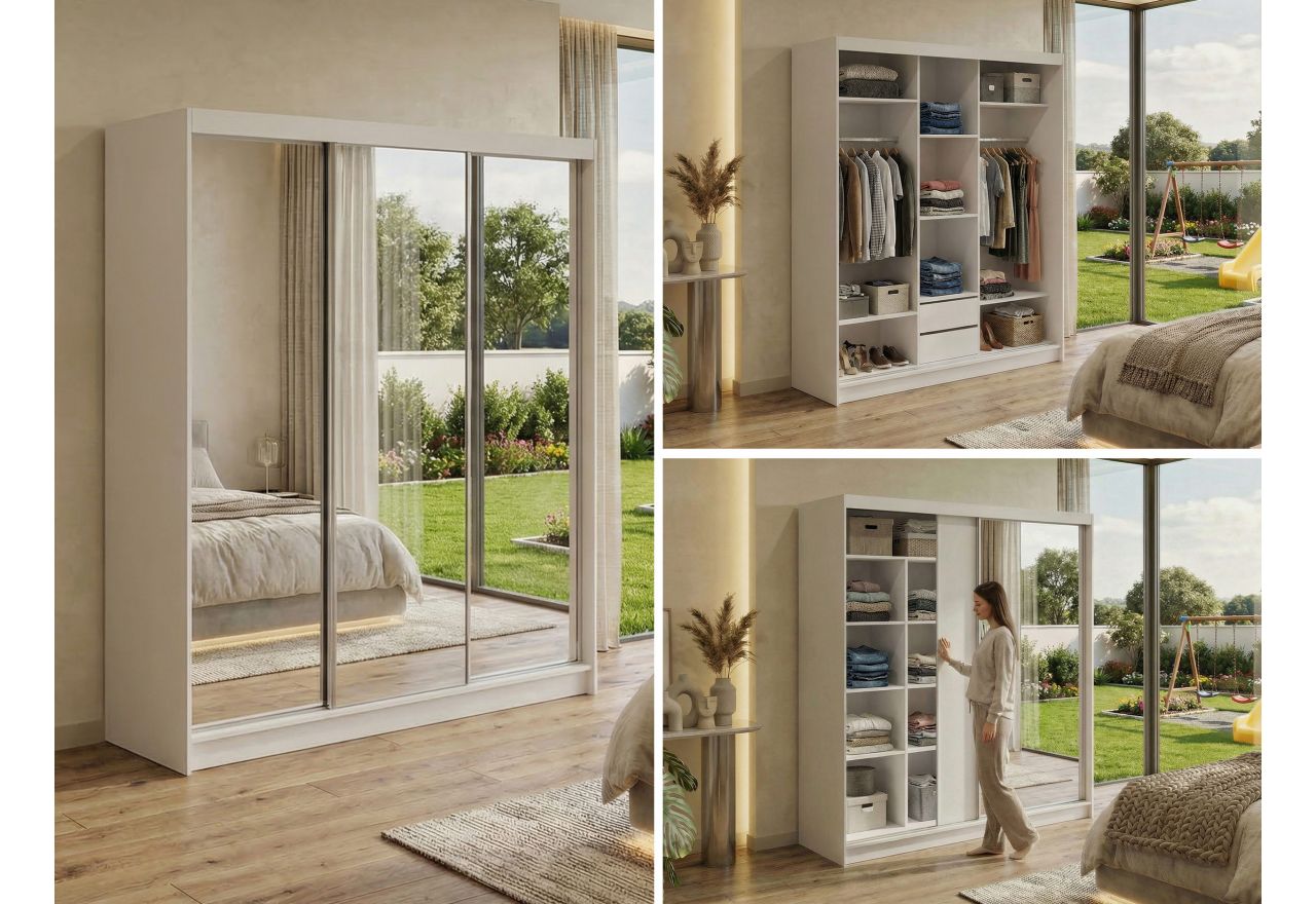 Szafa przesuwna DUBROWNIK 180 cm - biały z lustrem + 2 szuflady