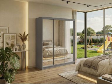 Szafa przesuwna DUBROWNIK 180 - szary z lustrem + 2 szuflady