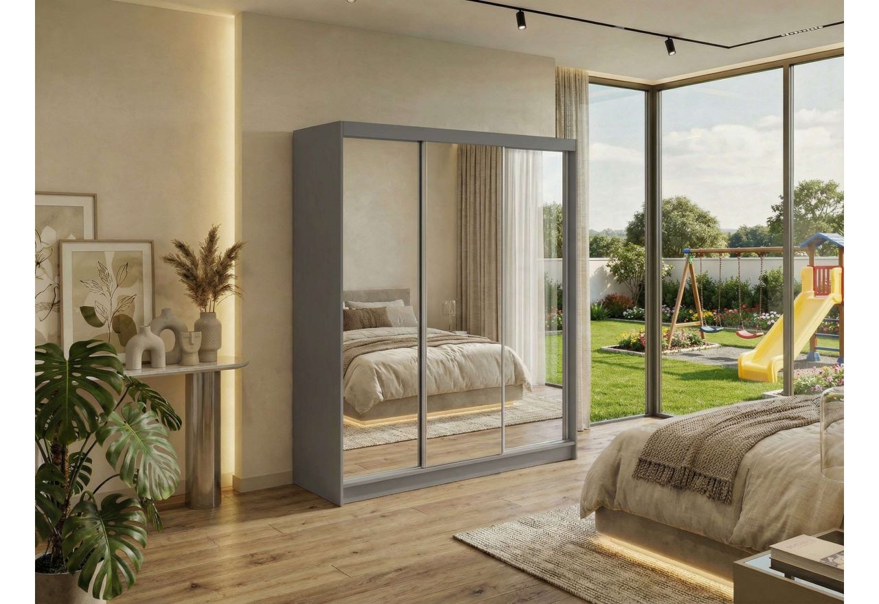 Szafa przesuwna DUBROWNIK 180 cm - szary z lustrem + 2 szuflady