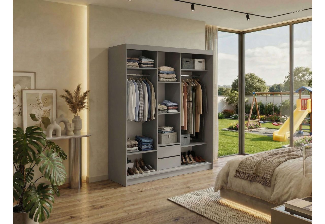 Szafa przesuwna DUBROWNIK 180 cm - szary z lustrem + 2 szuflady