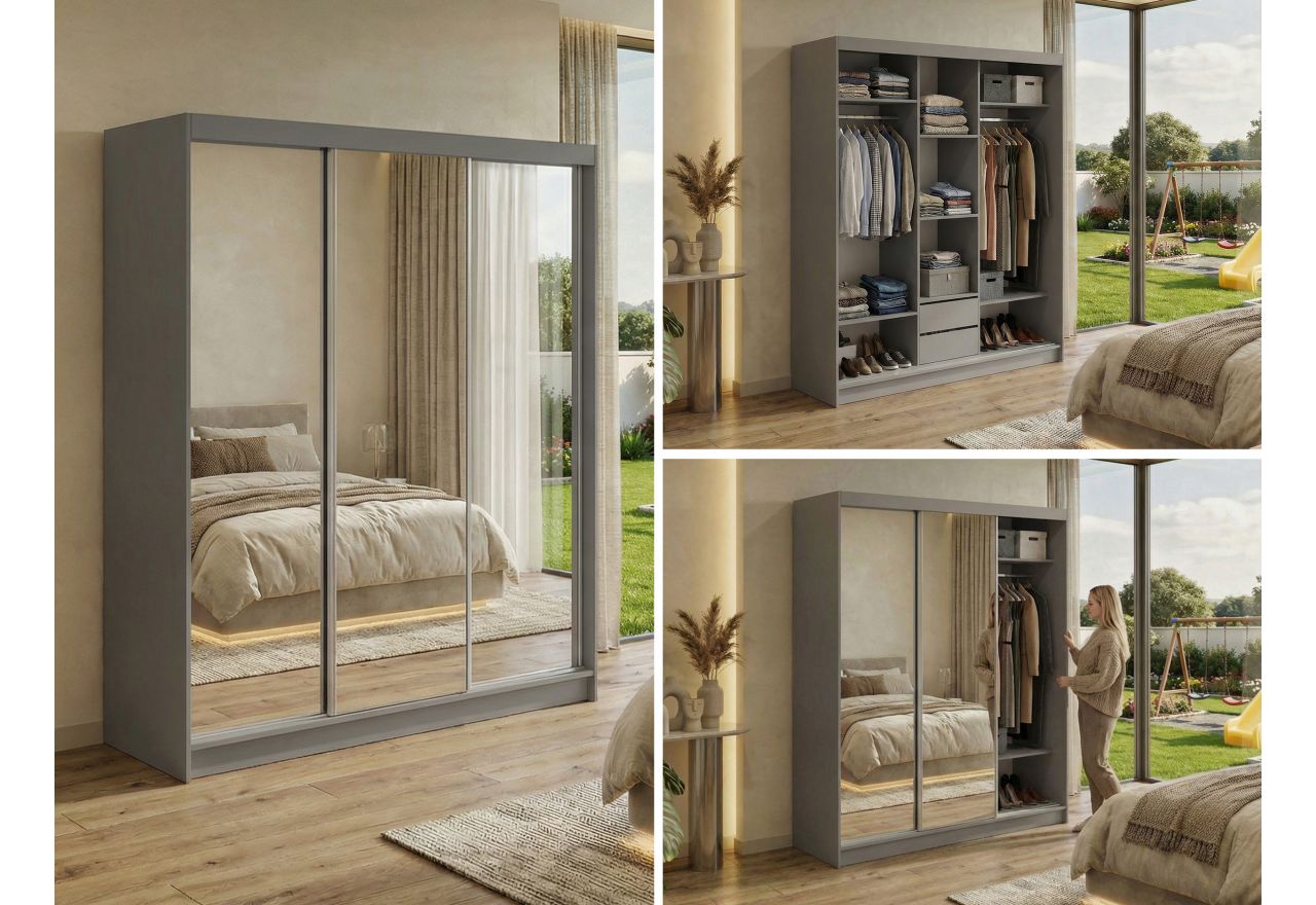 Szafa przesuwna DUBROWNIK 180 cm - szary z lustrem + 2 szuflady