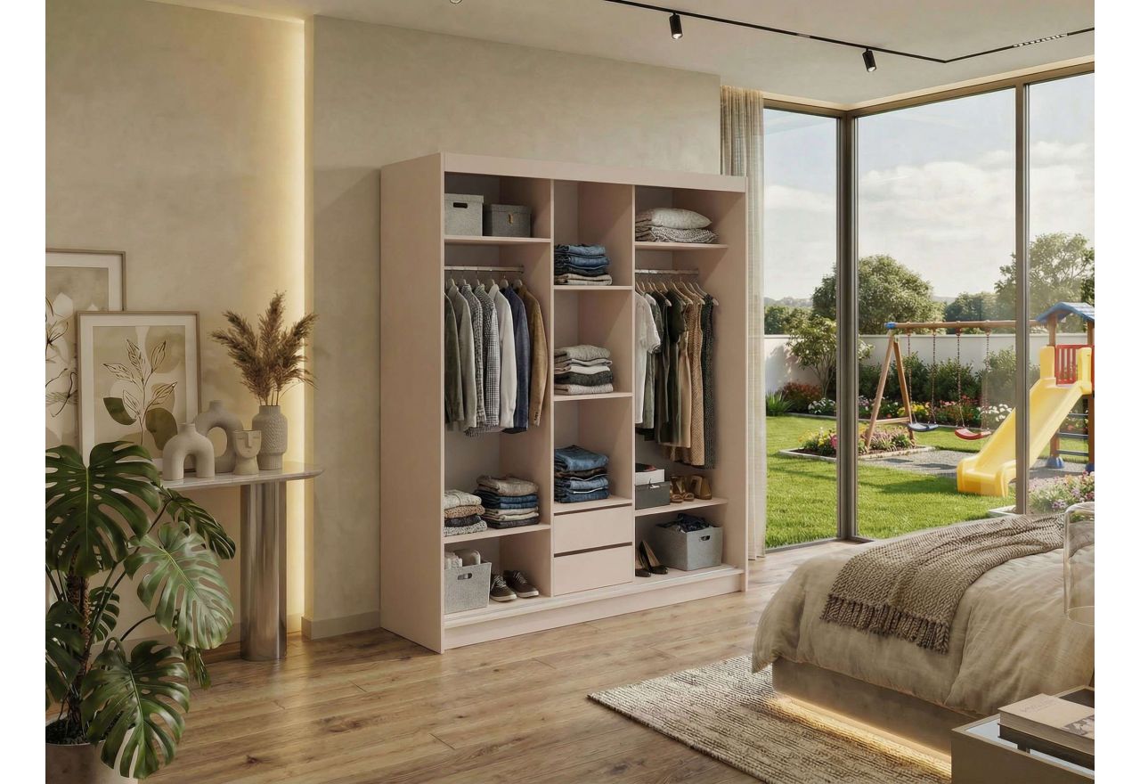 Szafa przesuwna DUBROWNIK 180 cm - kaszmir z lustrem + 2 szuflady