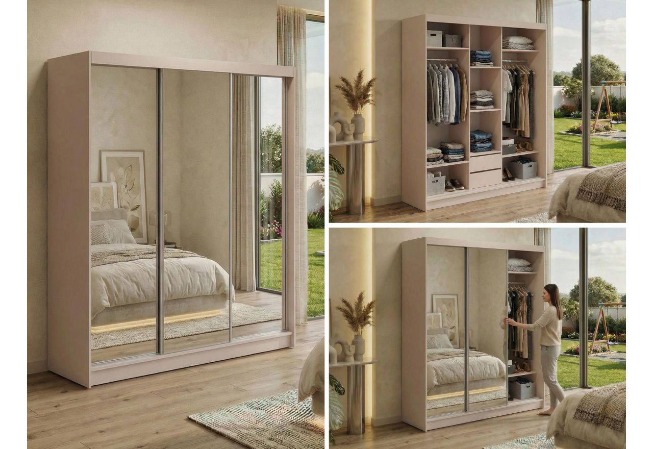 Szafa przesuwna DUBROWNIK 180 cm - kaszmir z lustrem + 2 szuflady