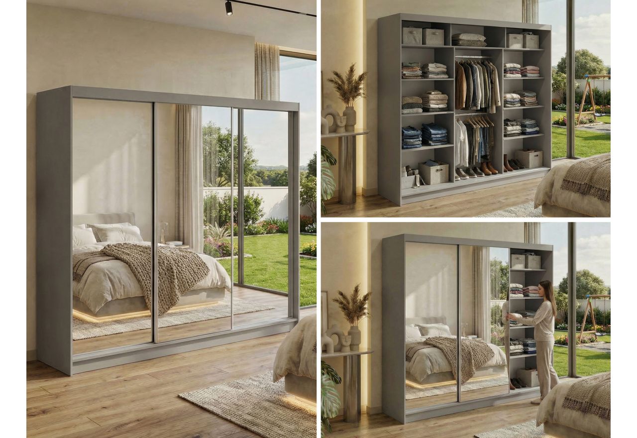 Szafa przesuwna DUBROWNIK 240 cm - szary z lustrem