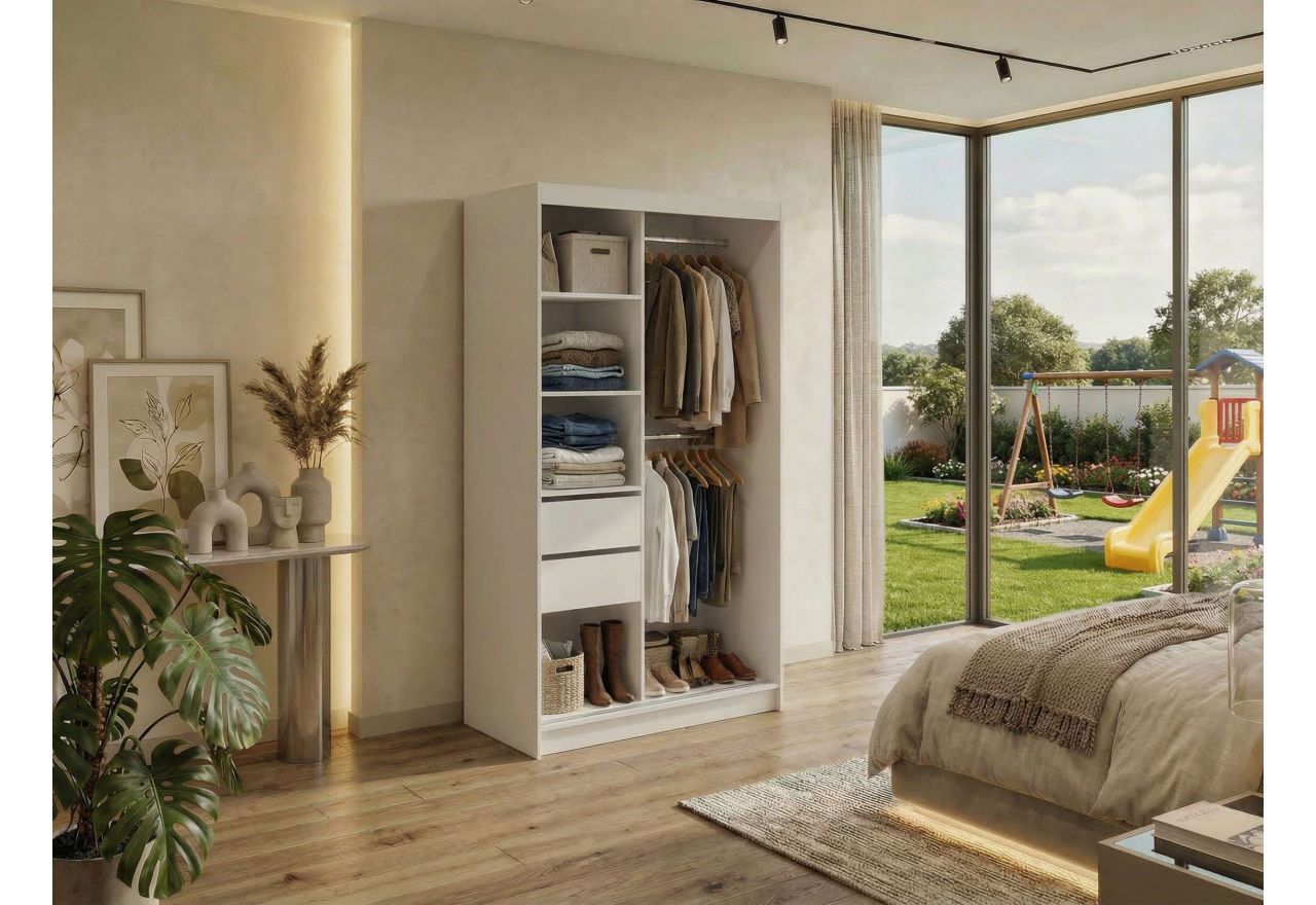 Szafa przesuwna DUBROWNIK 120 cm - biały z lustrem + 2 szuflady