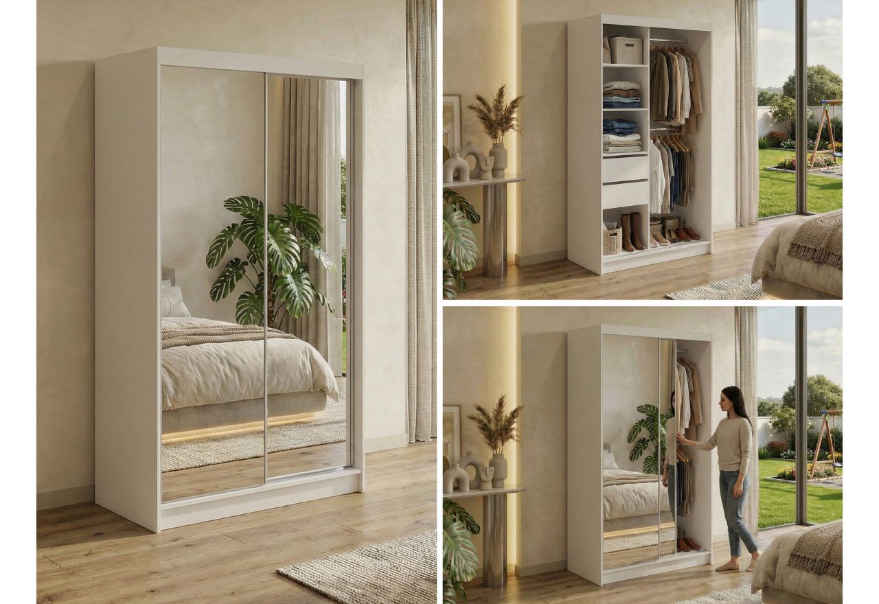Szafa przesuwna DUBROWNIK 120 cm - biały z lustrem + 2 szuflady