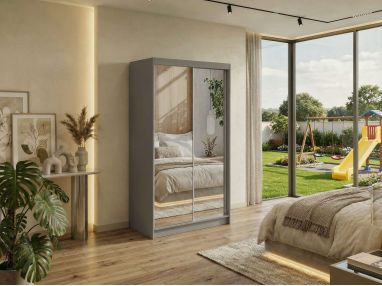 Szafa przesuwna DUBROWNIK 120 - szary z lustrem + 2 szuflady