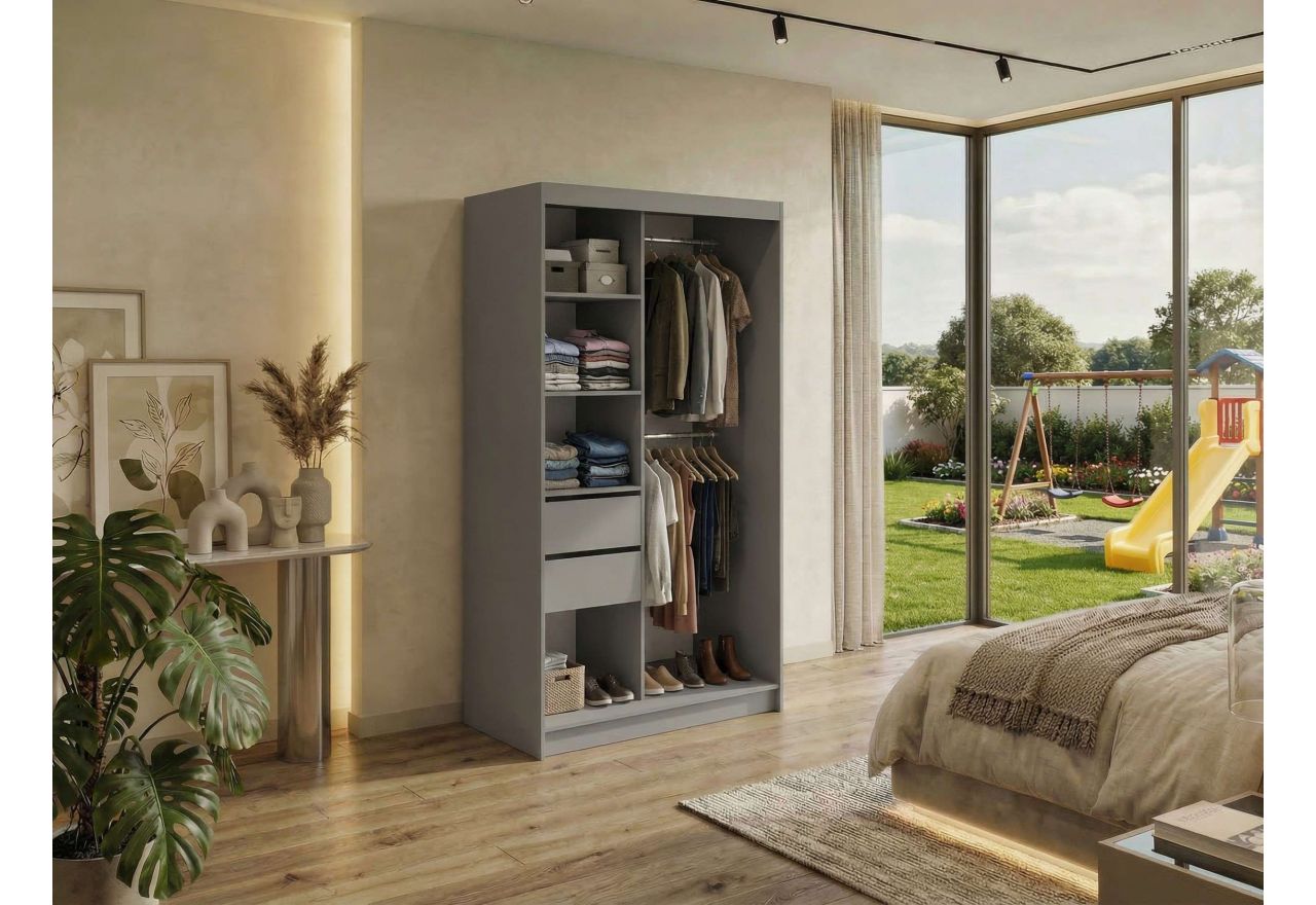 Szafa przesuwna DUBROWNIK 120 cm - szary z lustrem + 2 szuflady
