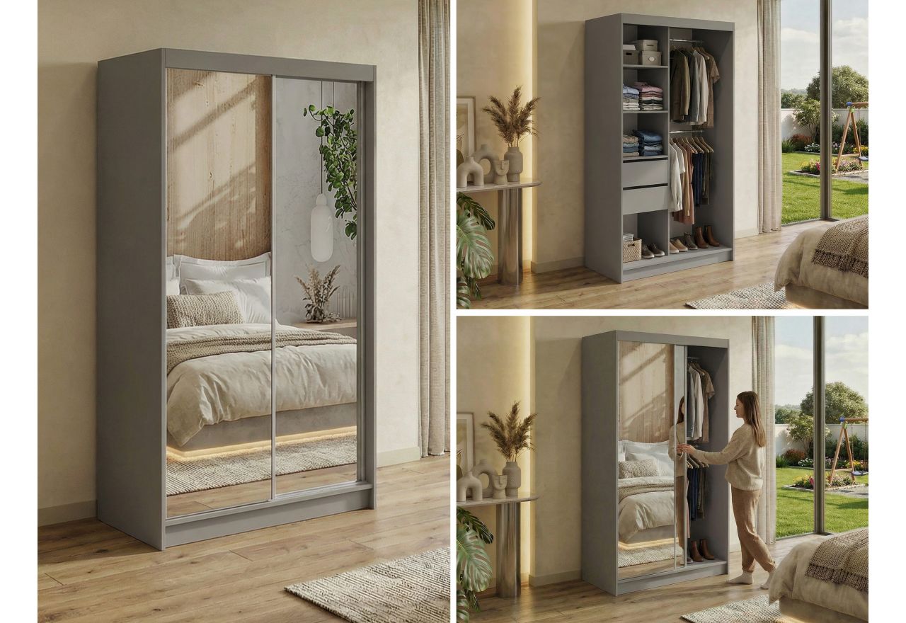 Szafa przesuwna DUBROWNIK 120 cm - szary z lustrem + 2 szuflady