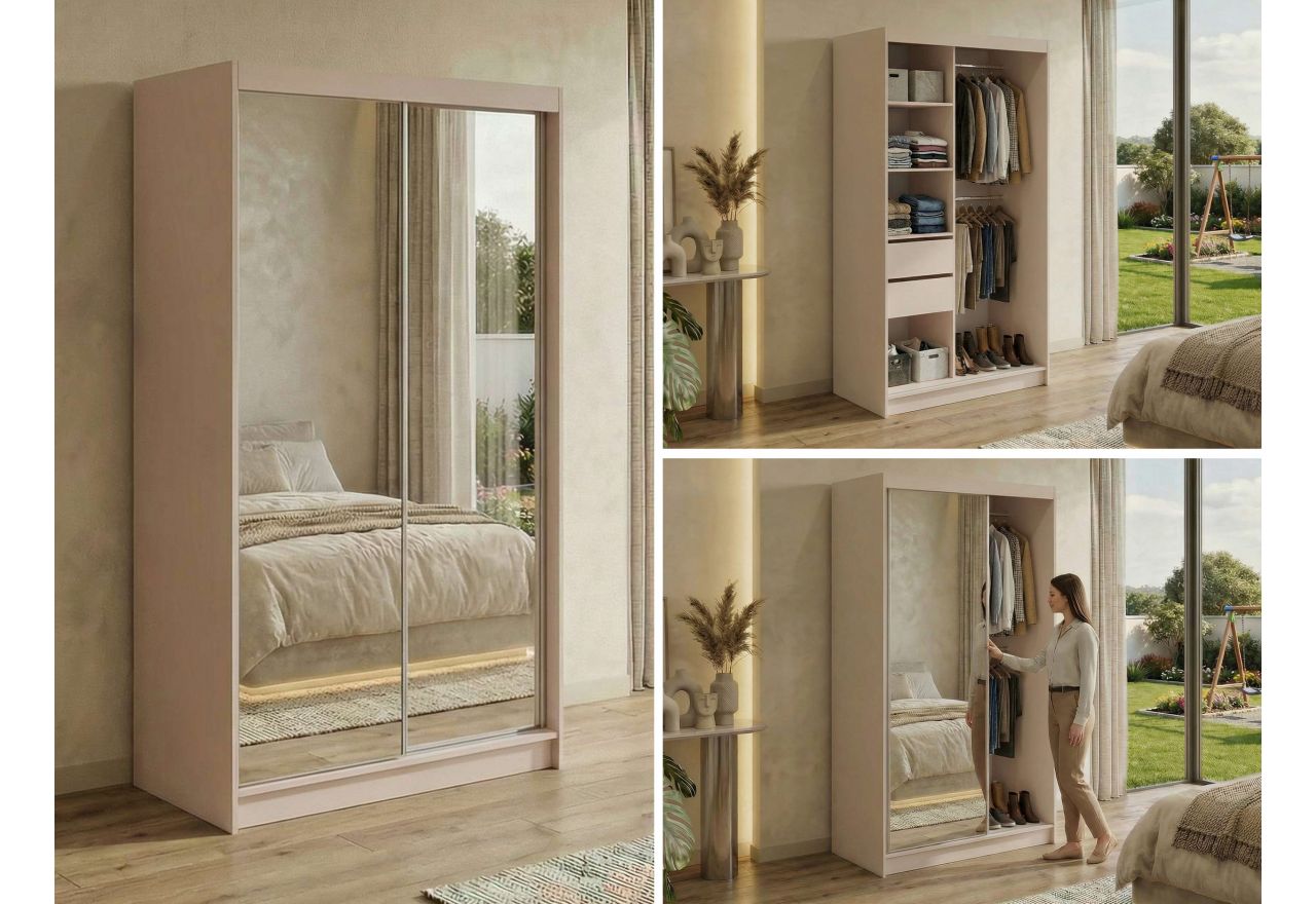 Szafa przesuwna DUBROWNIK 120 cm - kaszmir z lustrem + 2 szuflady
