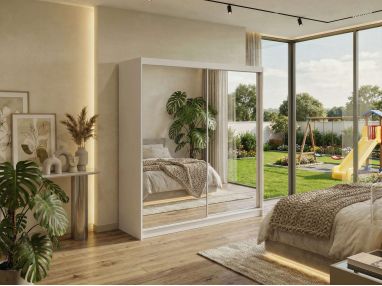 Szafa przesuwna DUBROWNIK 200 - biały z lustrem + 4 szuflady