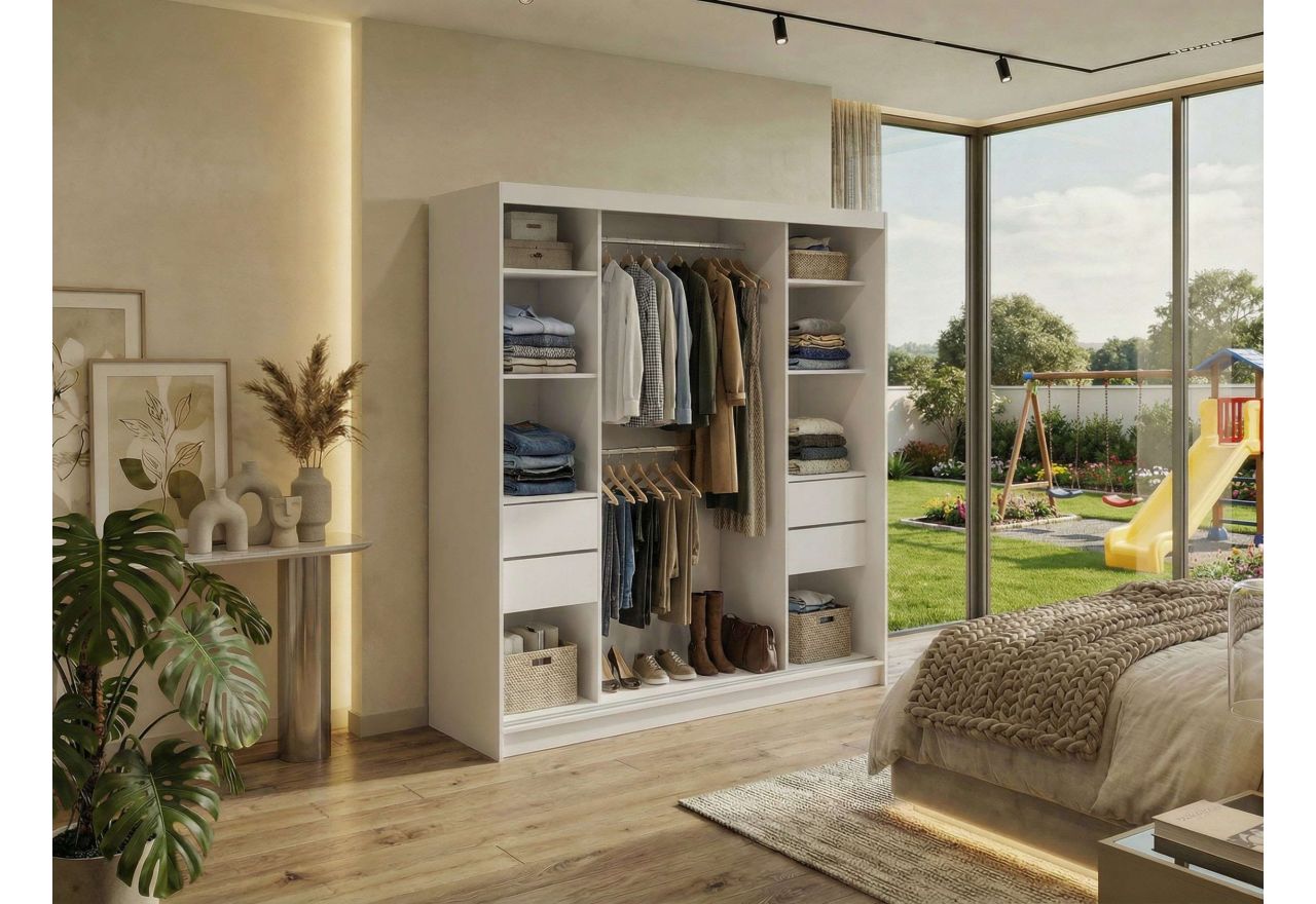 Szafa przesuwna DUBROWNIK 200 - biały z lustrem + 4 szuflady