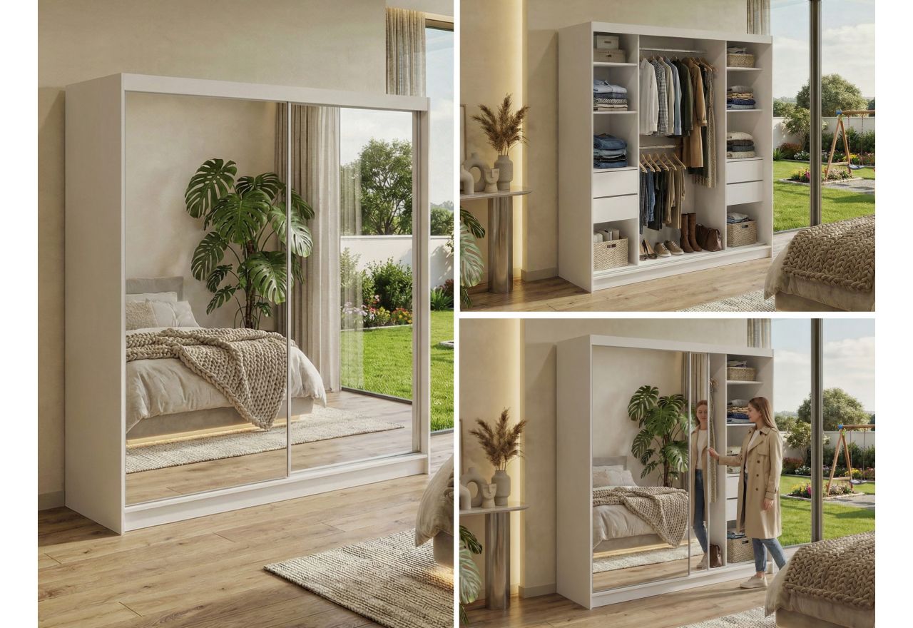 Szafa przesuwna DUBROWNIK 200 - biały z lustrem + 4 szuflady