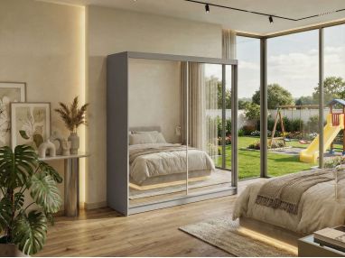 Szafa przesuwna DUBROWNIK 200 - szary z lustrem + 4 szuflady