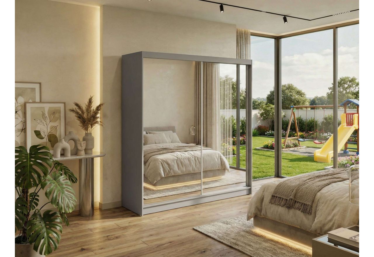 Szafa przesuwna DUBROWNIK 200 - szary z lustrem + 4 szuflady