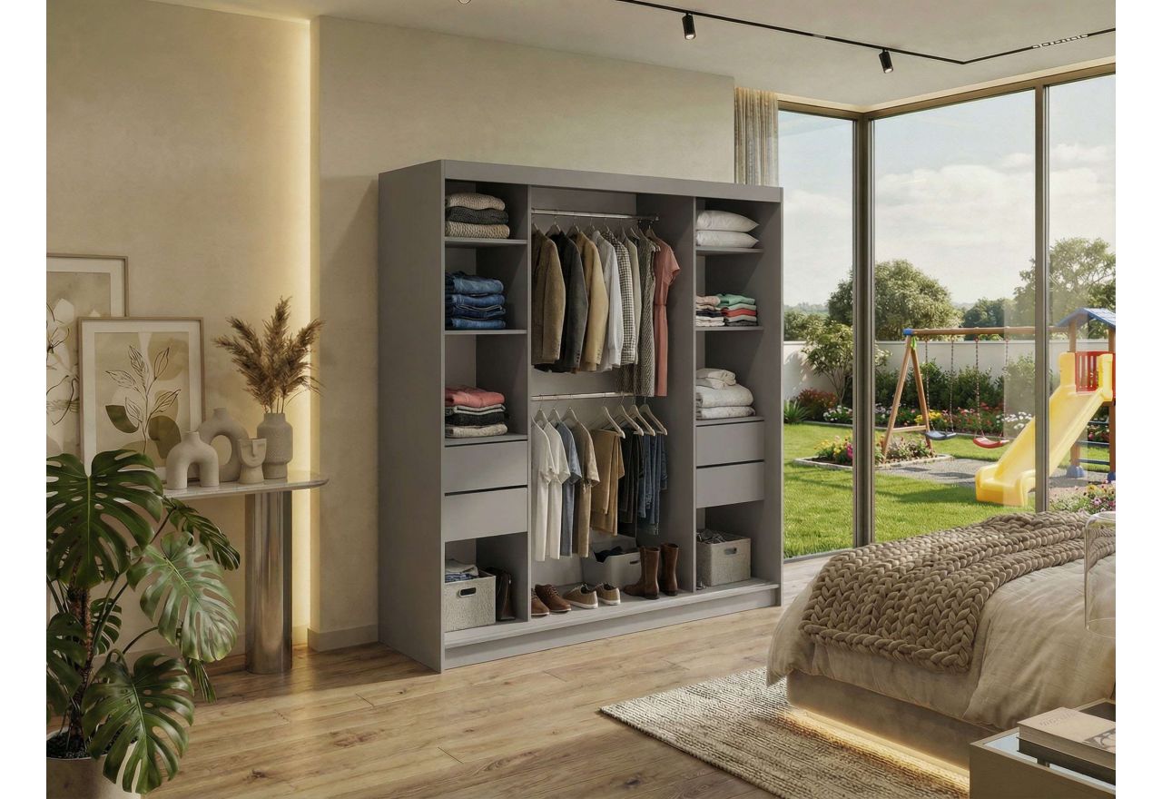 Szafa przesuwna DUBROWNIK 200 - szary z lustrem + 4 szuflady