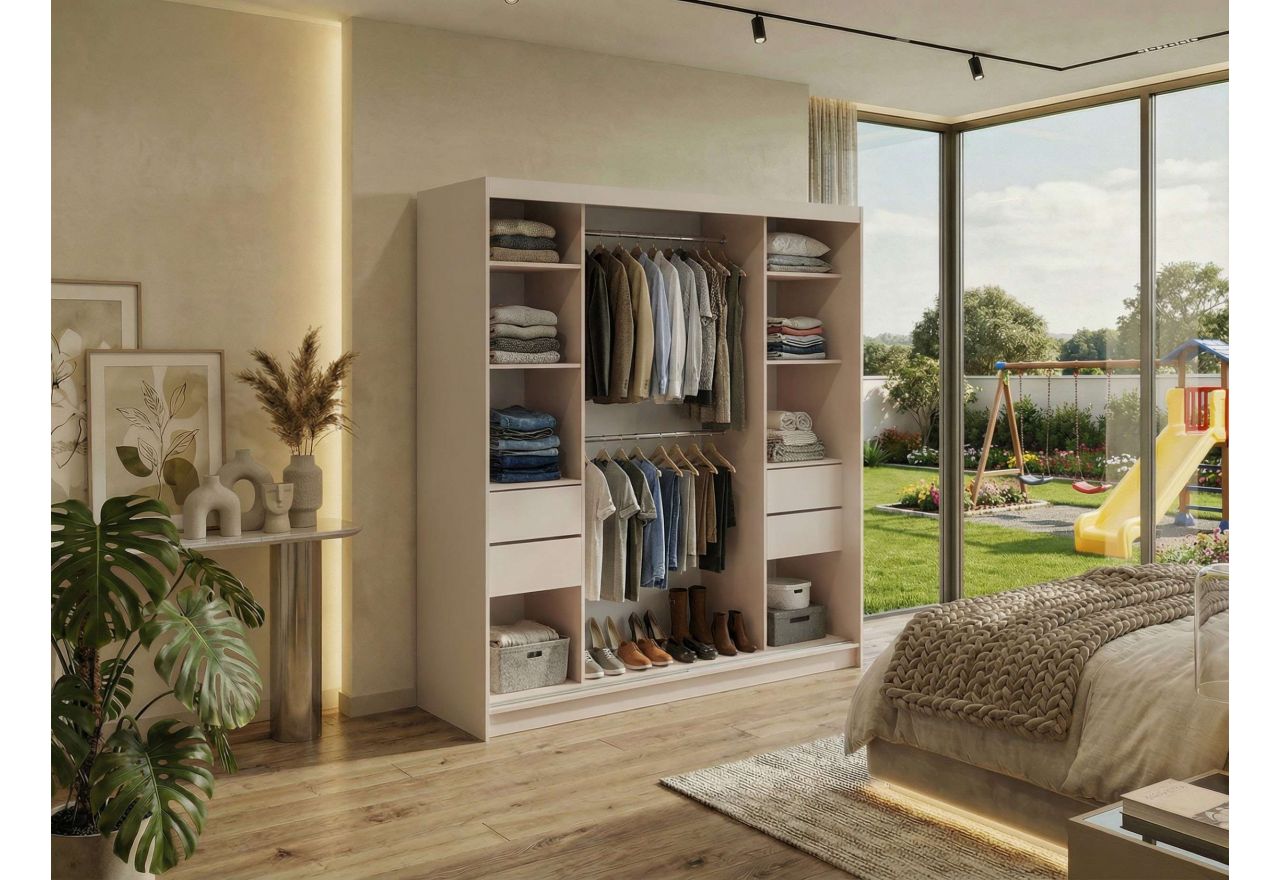 Szafa przesuwna DUBROWNIK 200 - kaszmir z lustrem + 4 szuflady