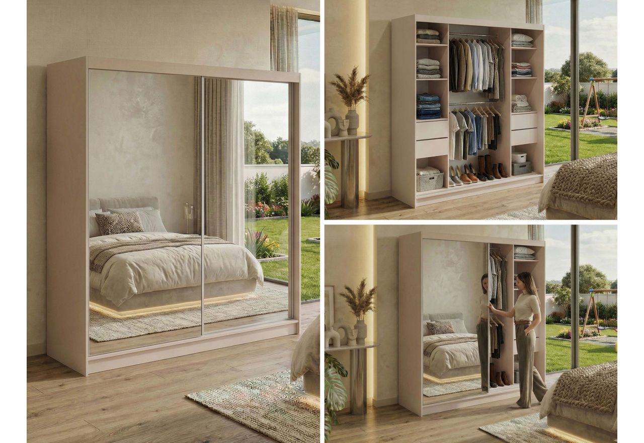 Szafa przesuwna DUBROWNIK 200 - kaszmir z lustrem + 4 szuflady