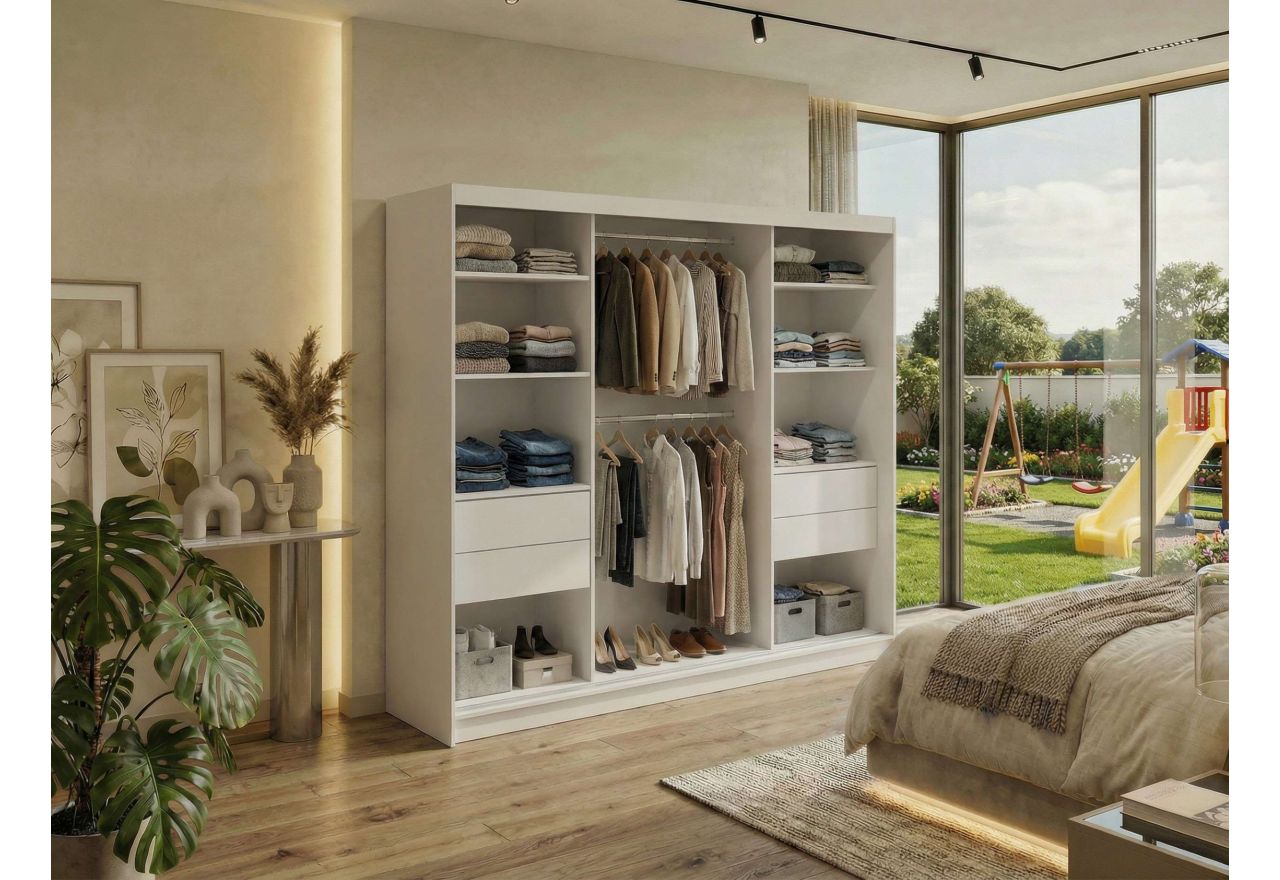 Szafa przesuwna DUBROWNIK 240 cm - biały z lustrem + 4 szuflady