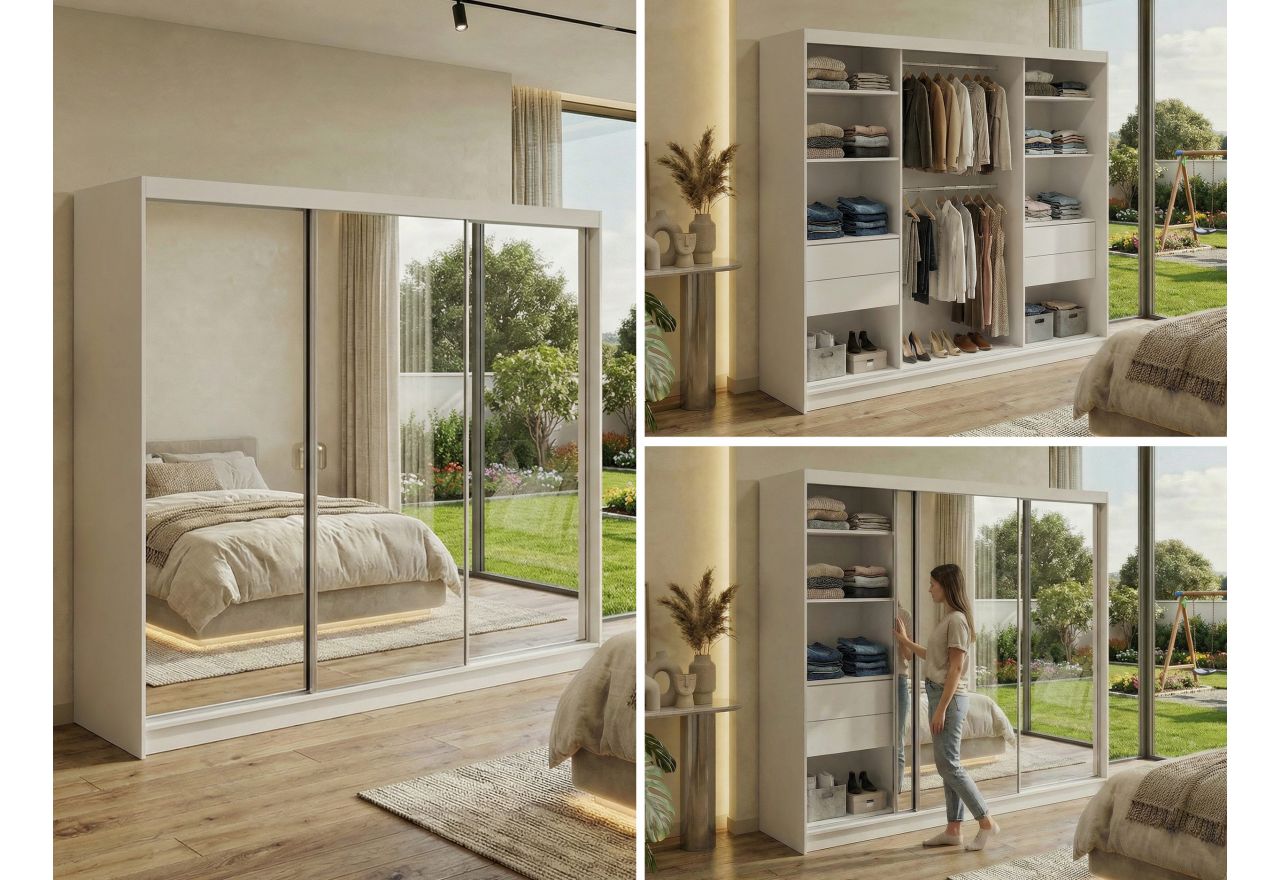 Szafa przesuwna DUBROWNIK 240 cm - biały z lustrem + 4 szuflady