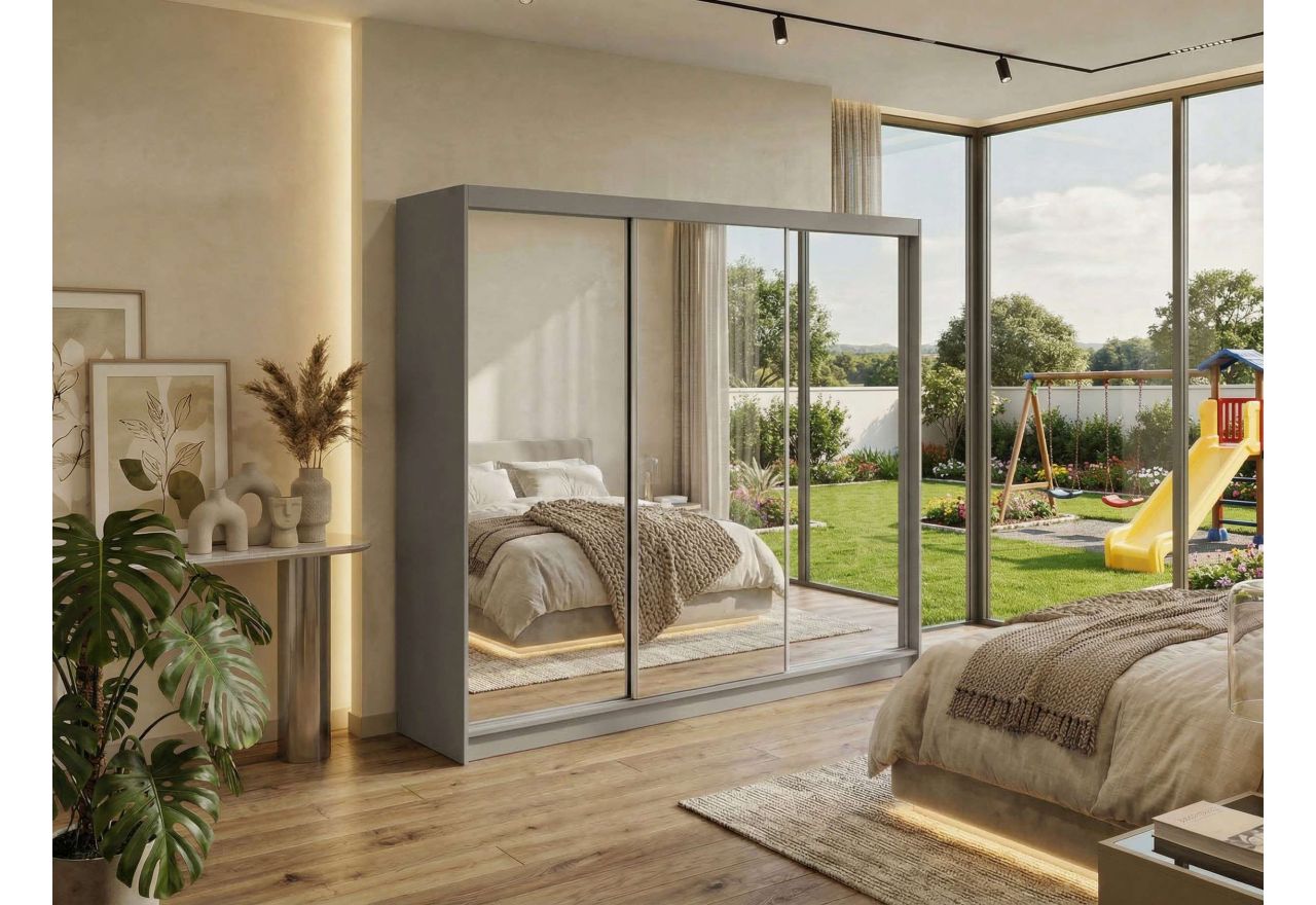 Szafa przesuwna DUBROWNIK 240 cm - szary z lustrem + 4 szuflady