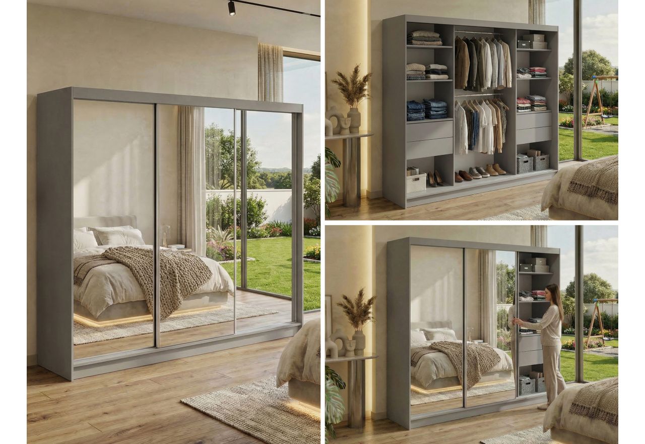 Szafa przesuwna DUBROWNIK 240 cm - szary z lustrem + 4 szuflady