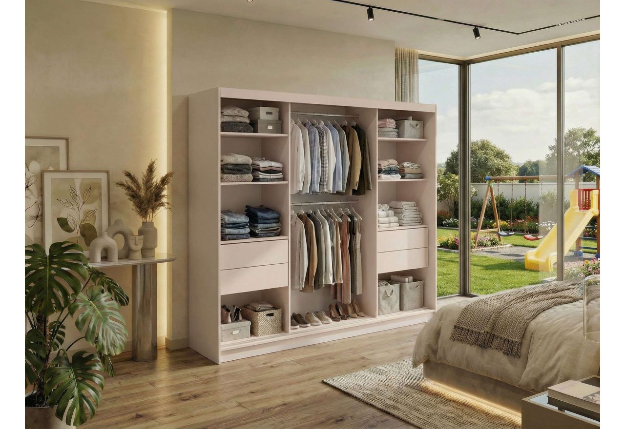 Szafa przesuwna DUBROWNIK 240 cm - kaszmir z lustrem + 4 szuflady