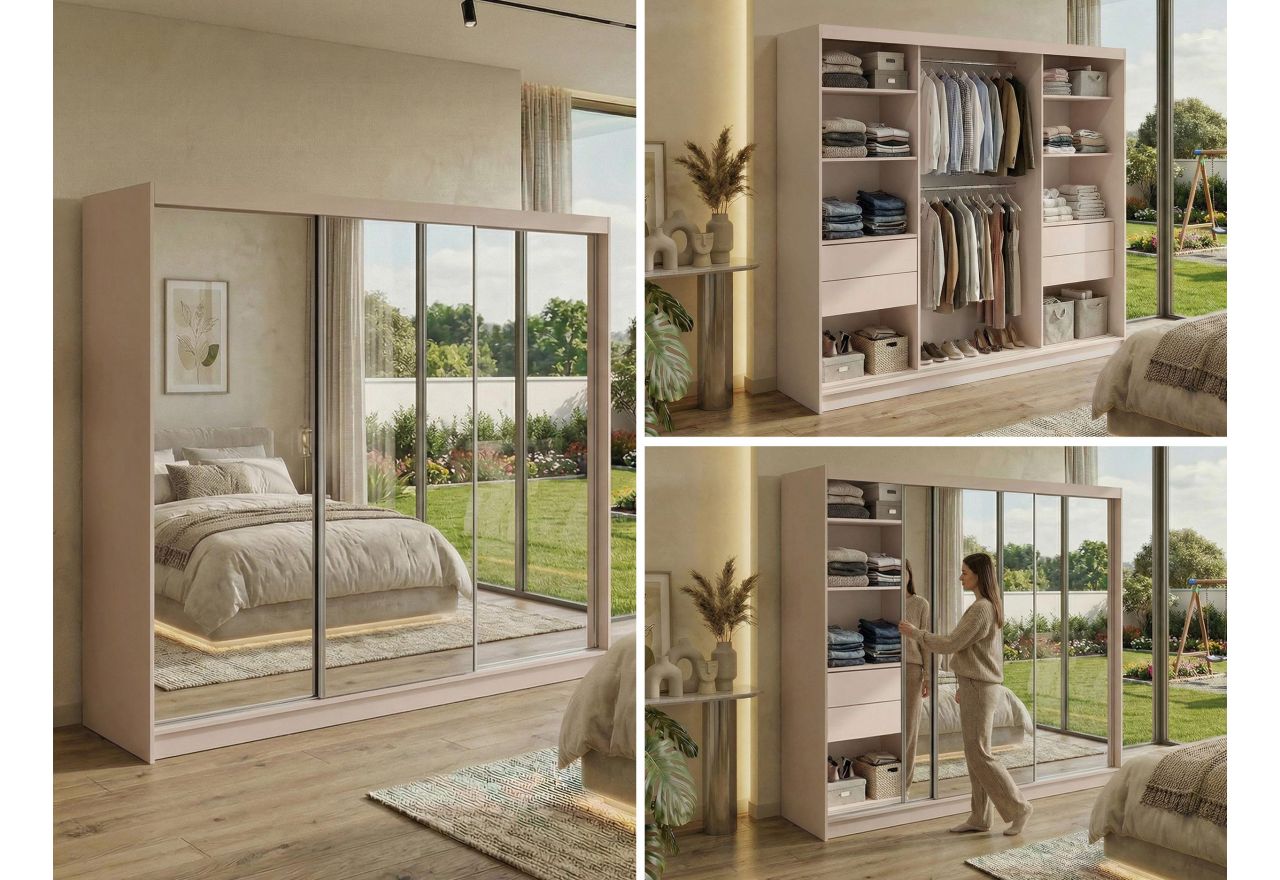 Szafa przesuwna DUBROWNIK 240 cm - kaszmir z lustrem + 4 szuflady