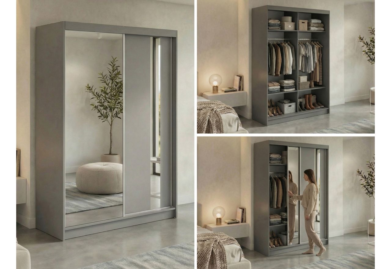 Szafa przesuwna GRECJA 150 cm - szary z lustrem