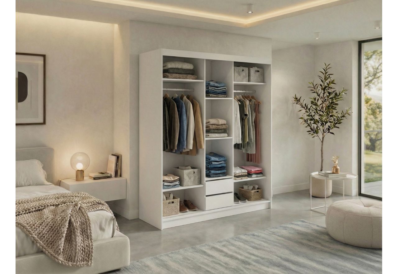 Szafa przesuwna GRECJA 180 cm - biały z lustrem + 2 szuflady